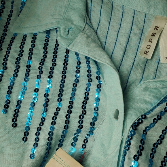 NWT Roper Blue Sequin Pearl Snap Button Down Shirt Women's Size XL - Picture 16 of 16